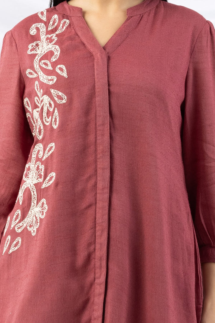 Dusty Red Embroidered Viscose Moss Tunic with Mandarin Collar &amp; 3/4 Sleeves