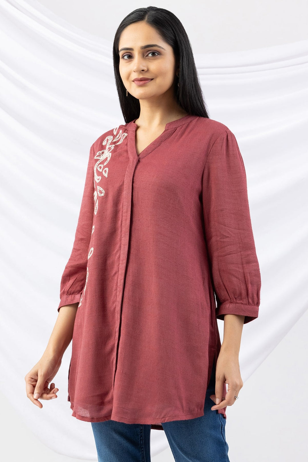 Dusty Red Embroidered Viscose Moss Tunic with Mandarin Collar &amp; 3/4 Sleeves
