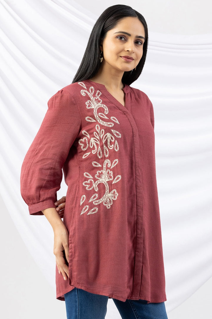 Dusty Red Embroidered Viscose Moss Tunic with Mandarin Collar &amp; 3/4 Sleeves