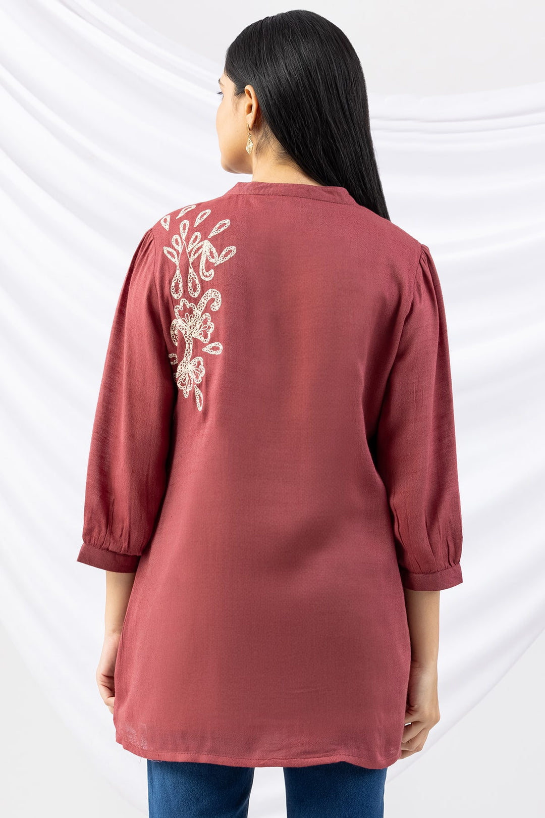 Dusty Red Embroidered Viscose Moss Tunic with Mandarin Collar &amp; 3/4 Sleeves