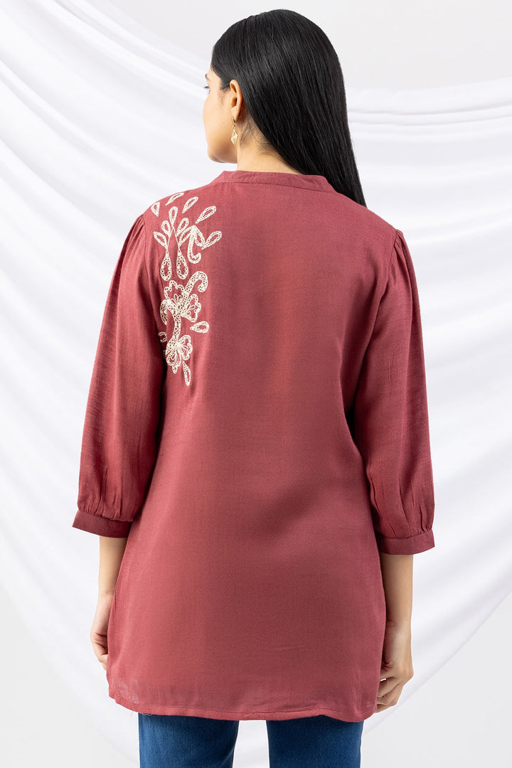 Dusty Red Embroidered Viscose Moss Tunic with Mandarin Collar &amp; 3/4 Sleeves