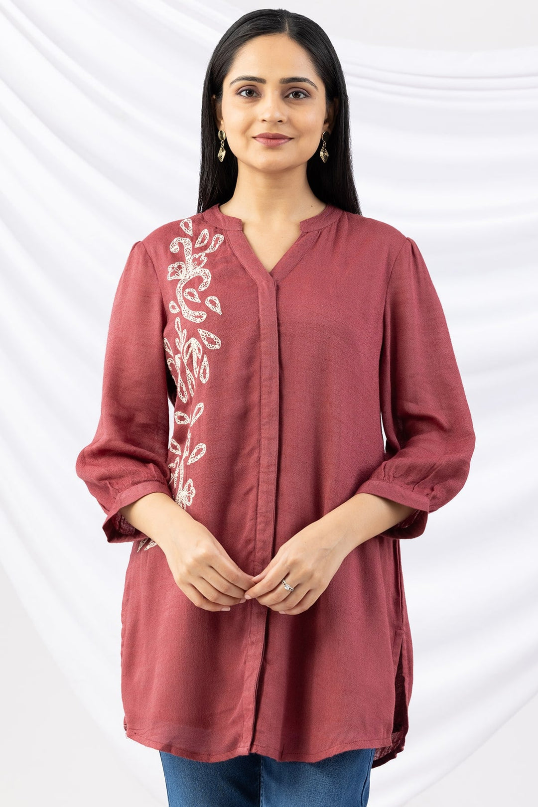 Dusty Red Embroidered Viscose Moss Tunic with Mandarin Collar &amp; 3/4 Sleeves