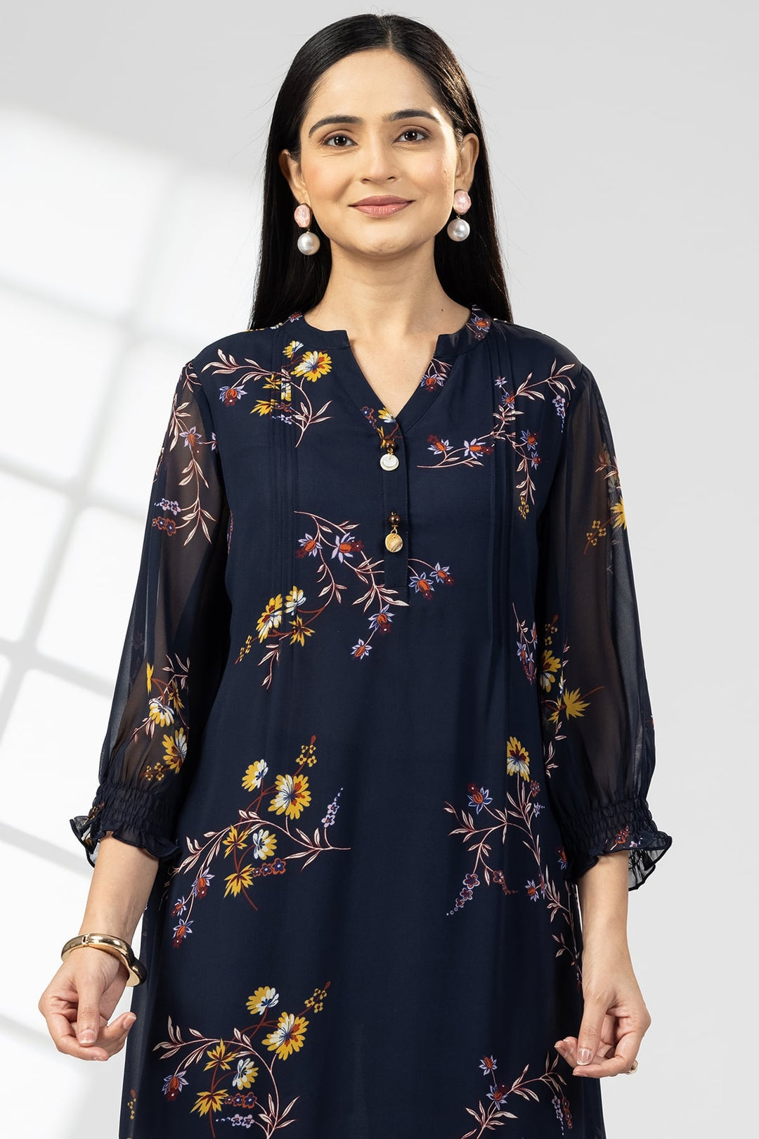Navy Blue Georgette Printed Dress