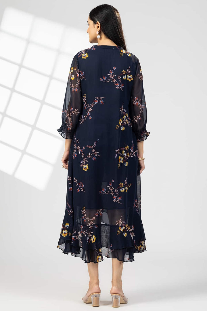 Navy Blue Georgette Printed Dress