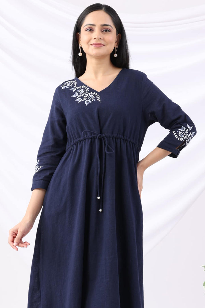 Navy Cotton Slub Embroidered V-Neck Dress