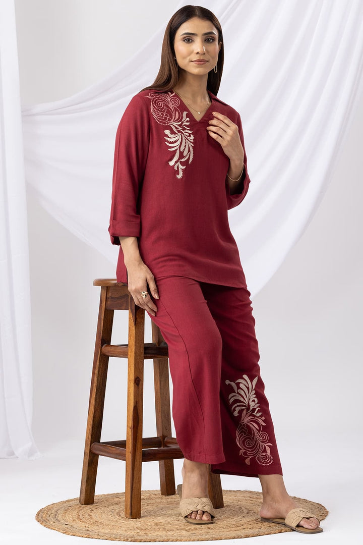 Maroon Embroidered Co-ord Palazzo