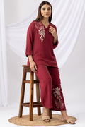 Maroon Embroidered Co-ord Top with Collar & 3/4th Sleeves