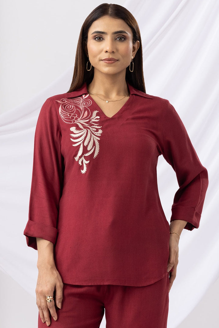 Maroon Embroidered Co-ord Top with Collar &amp; 3/4th Sleeves