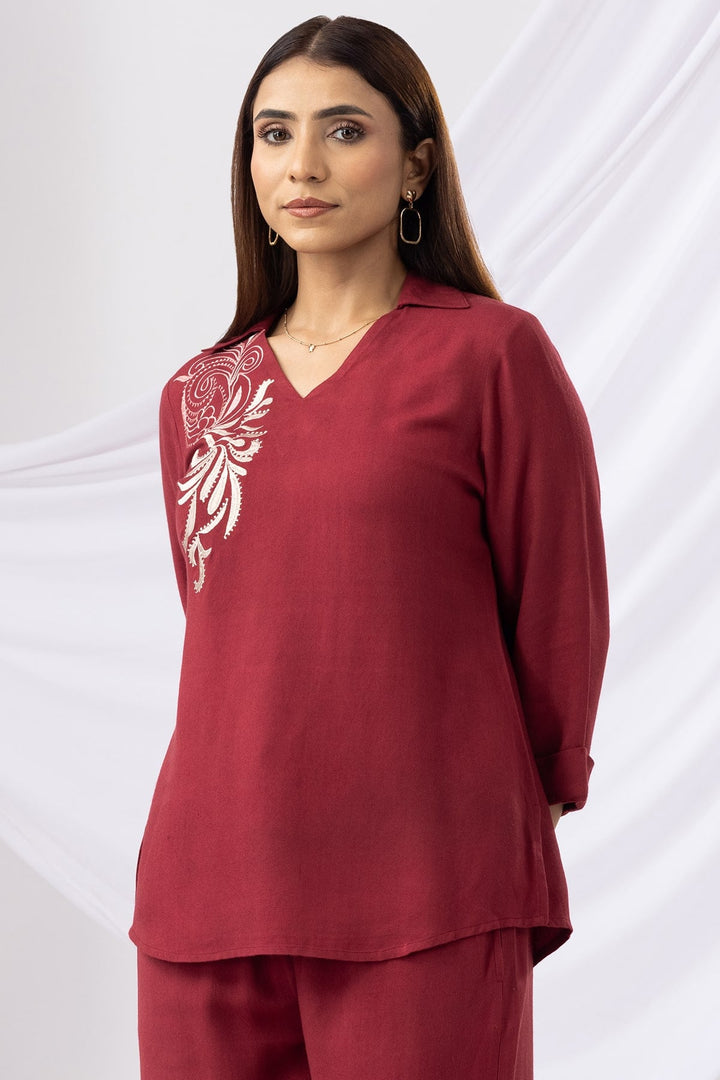 Maroon Embroidered Co-ord Top with Collar &amp; 3/4th Sleeves