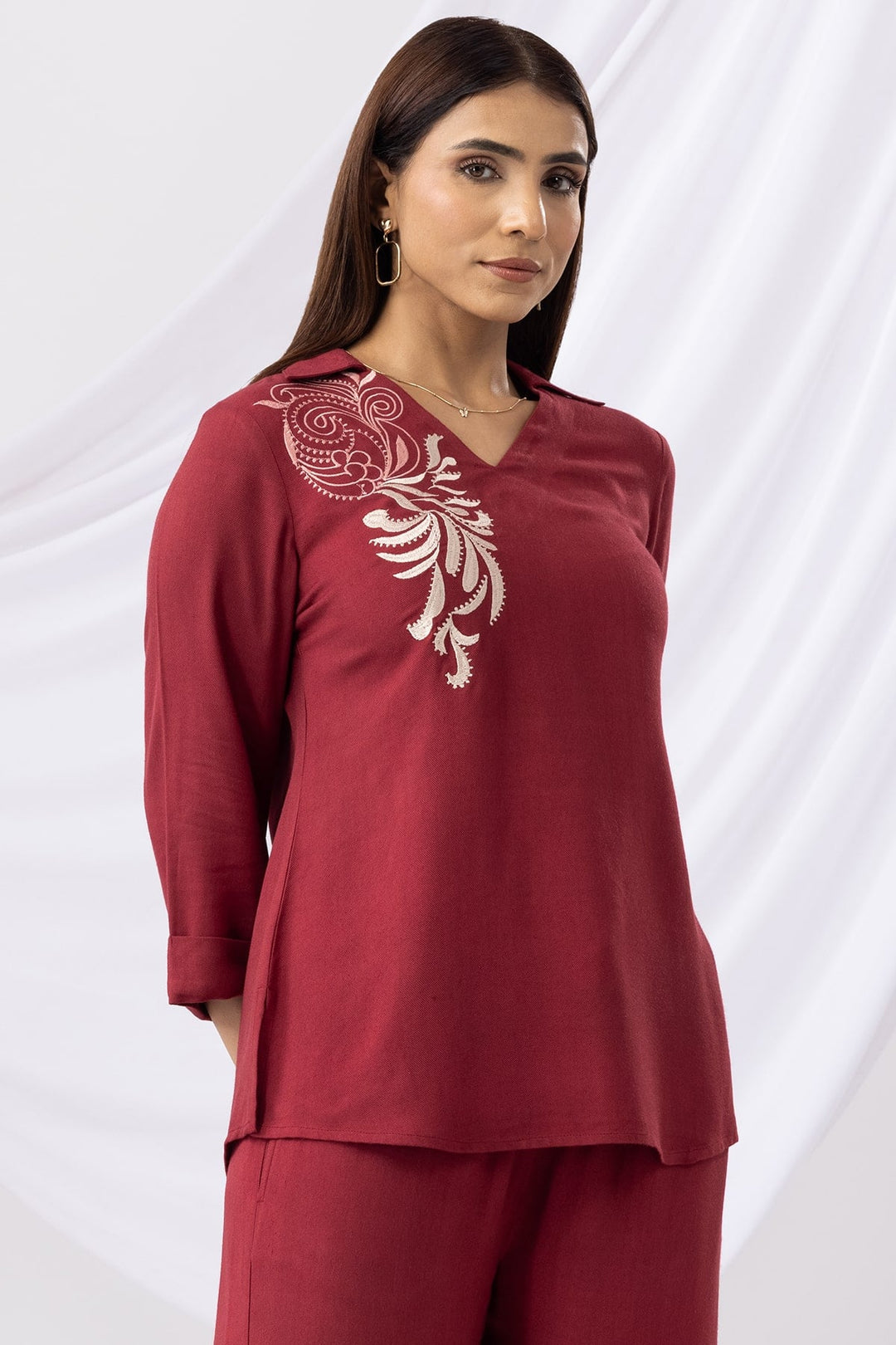 Maroon Embroidered Co-ord Top with Collar &amp; 3/4th Sleeves