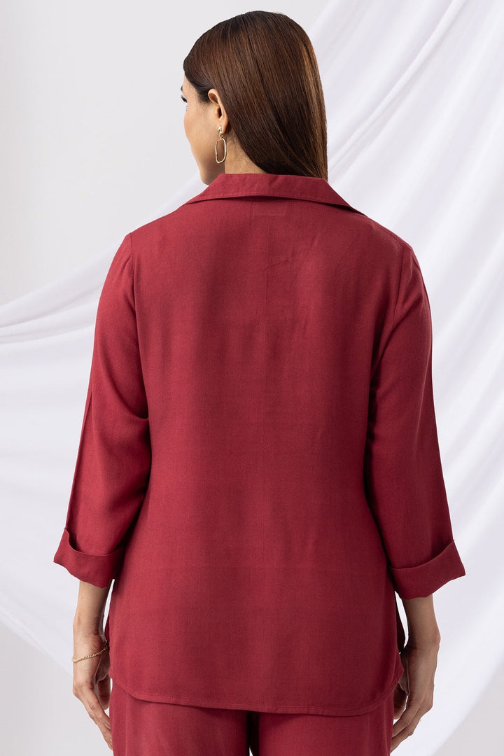Maroon Embroidered Co-ord Top with Collar &amp; 3/4th Sleeves