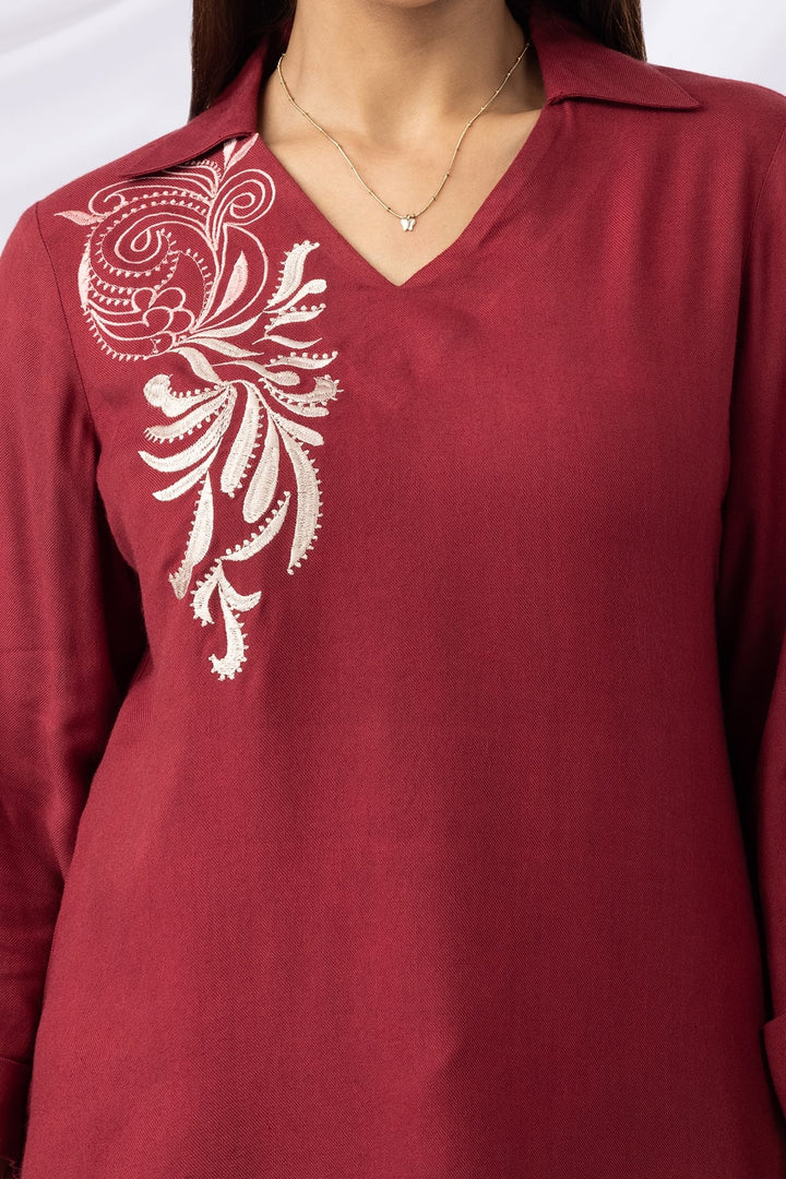 Maroon Embroidered Co-ord Top with Collar &amp; 3/4th Sleeves