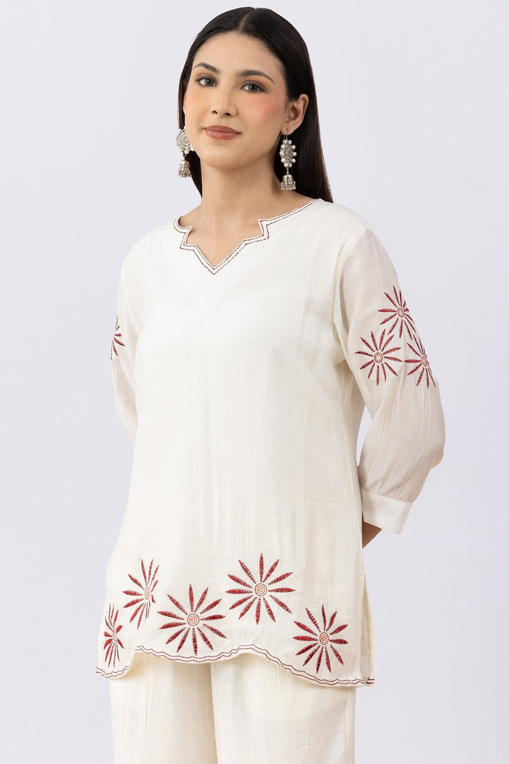 Embroidered Off White Viscose Co-Ord Top with V Neck &amp; 3/4 Sleeves
