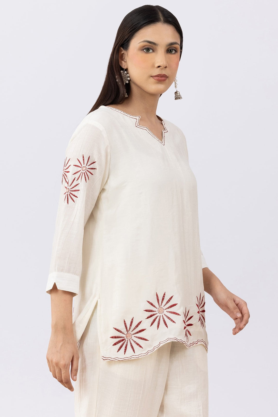 Embroidered Off White Viscose Co-Ord Top with V Neck &amp; 3/4 Sleeves
