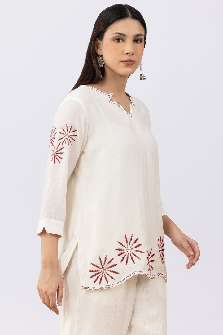 Embroidered Off White Viscose Co-Ord Top with V Neck &amp; 3/4 Sleeves