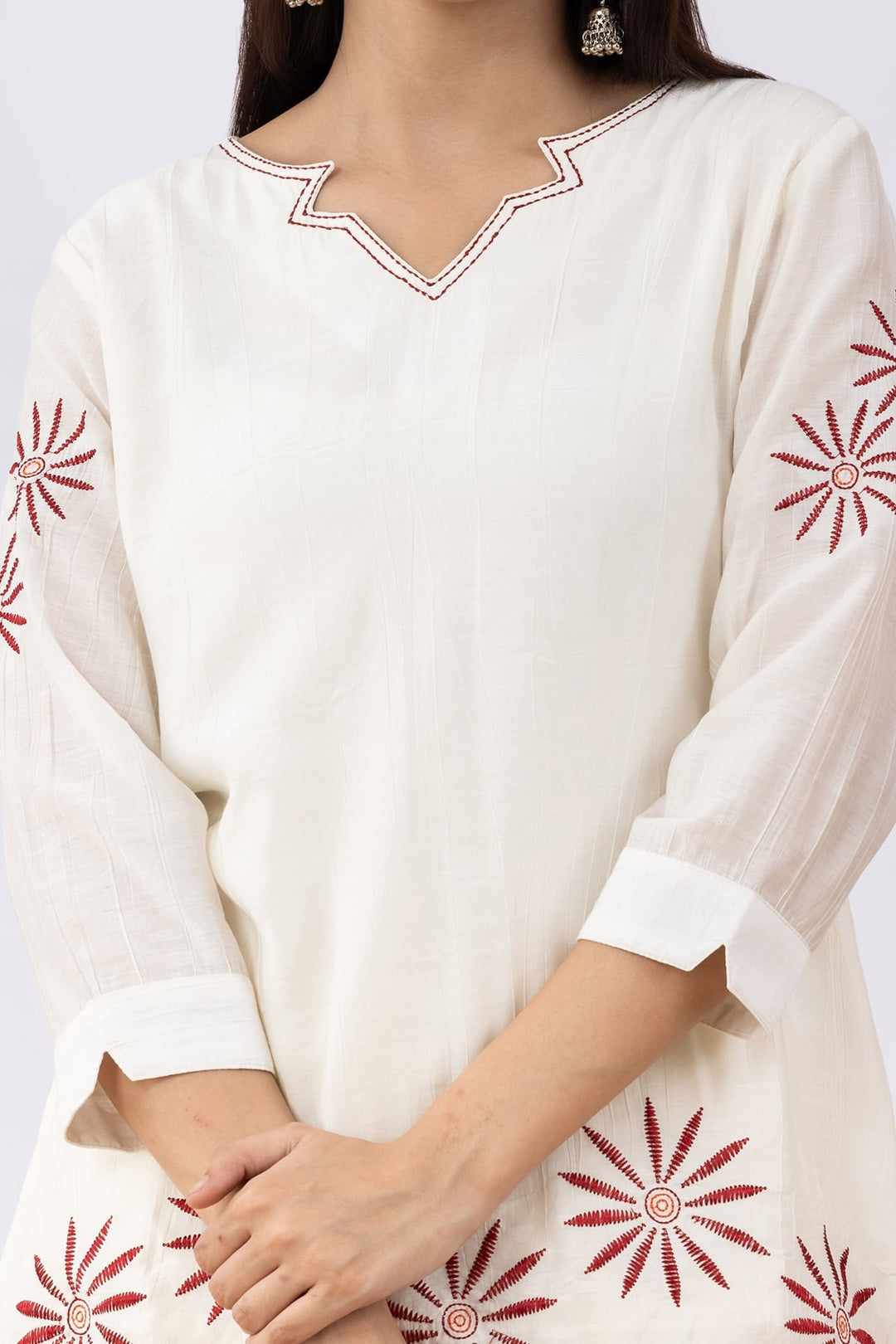 Embroidered Off White Viscose Co-Ord Top with V Neck &amp; 3/4 Sleeves