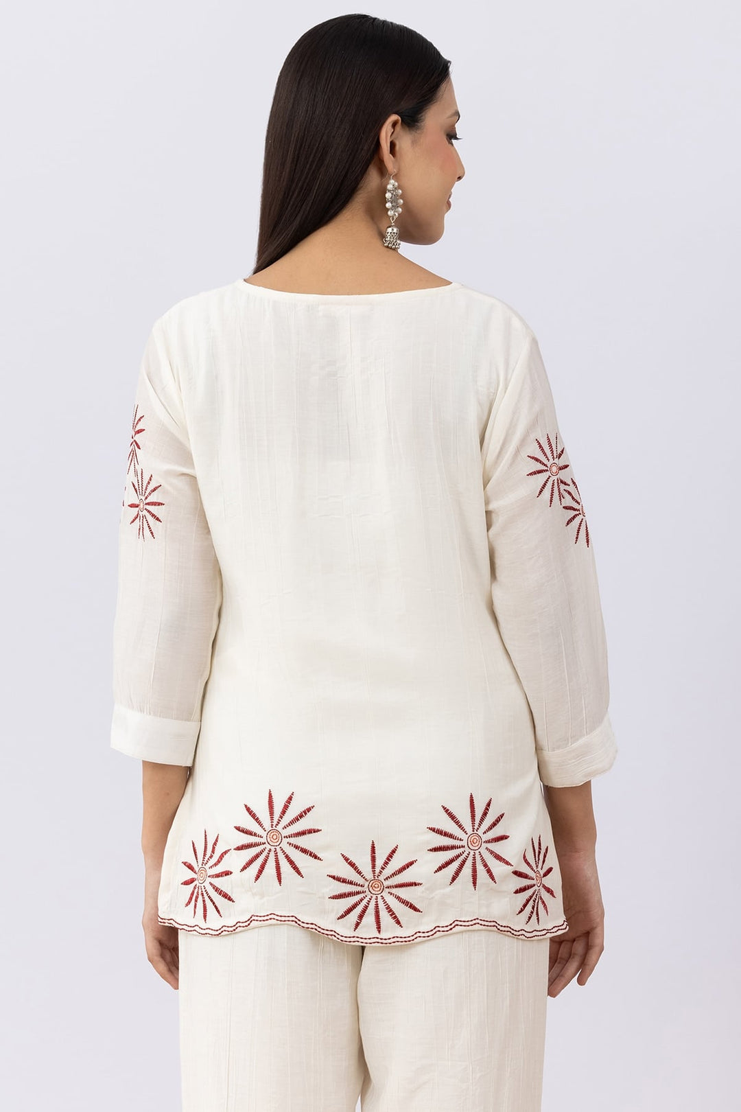Embroidered Off White Viscose Co-Ord Top with V Neck &amp; 3/4 Sleeves
