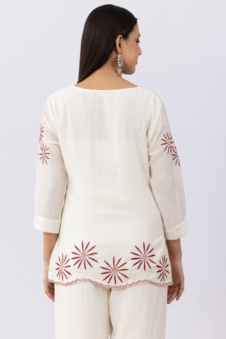 Embroidered Off White Viscose Co-Ord Top with V Neck &amp; 3/4 Sleeves
