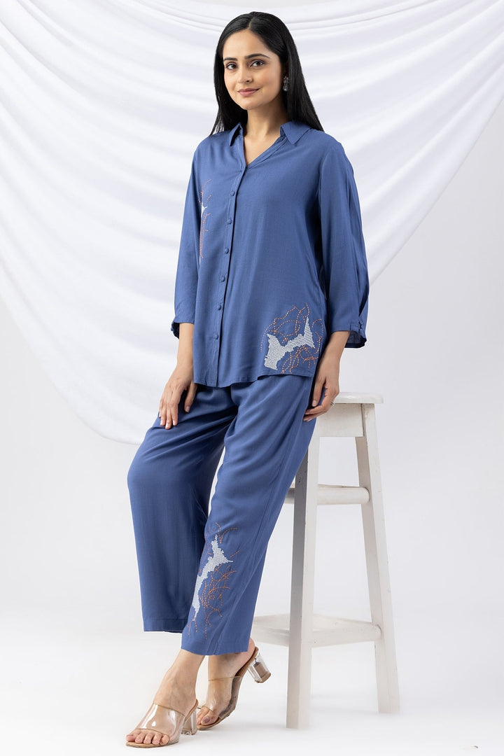 Blue Embroidered Viscose Slub Co-ord Palazzo