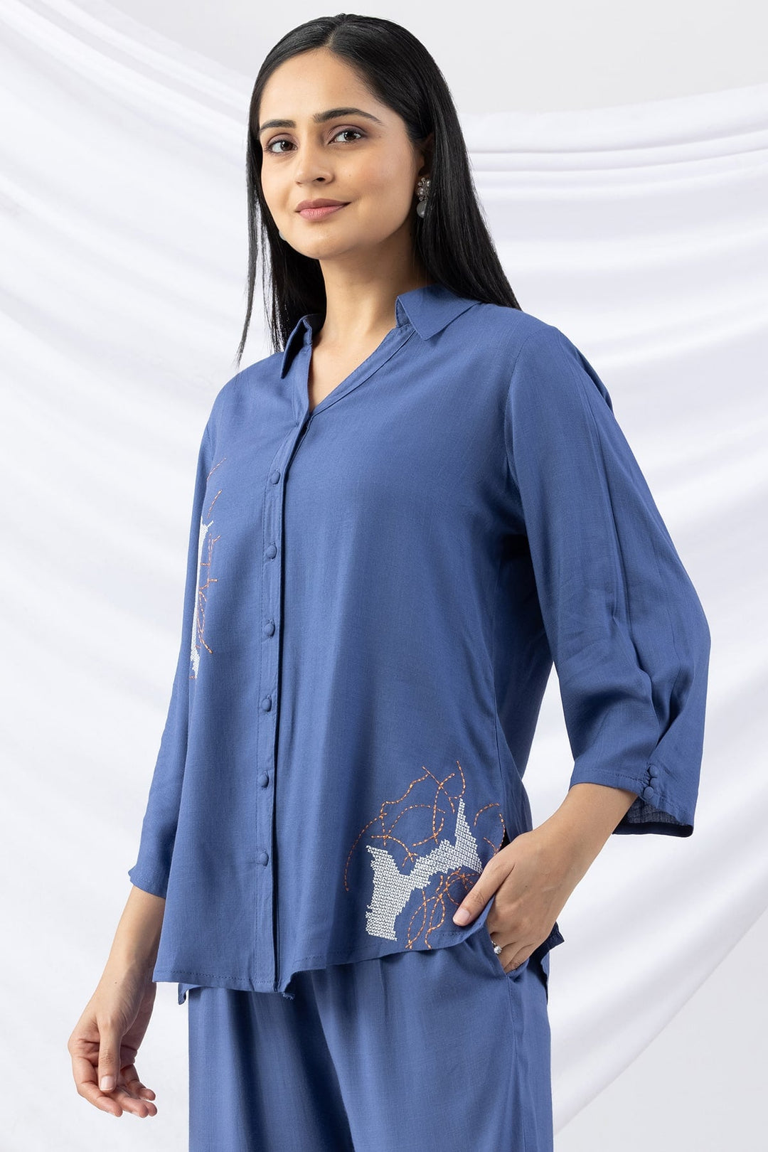 Blue Embroidered Viscose Slub Co-ord Shirt