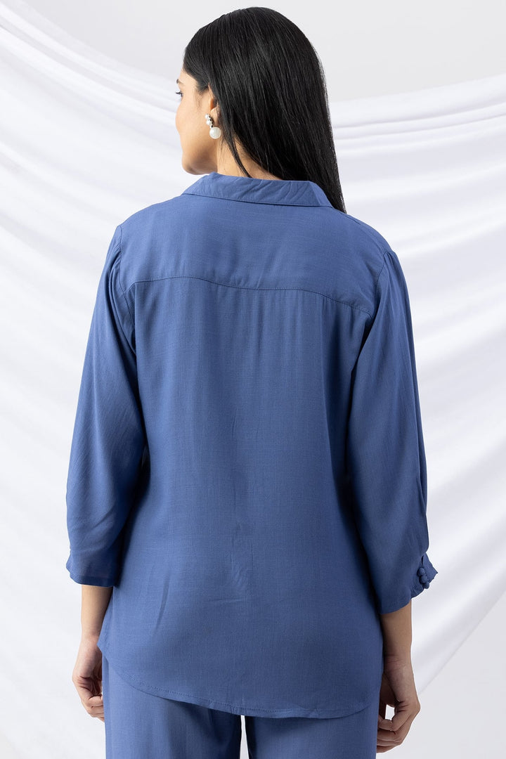 Blue Embroidered Viscose Slub Co-ord Shirt