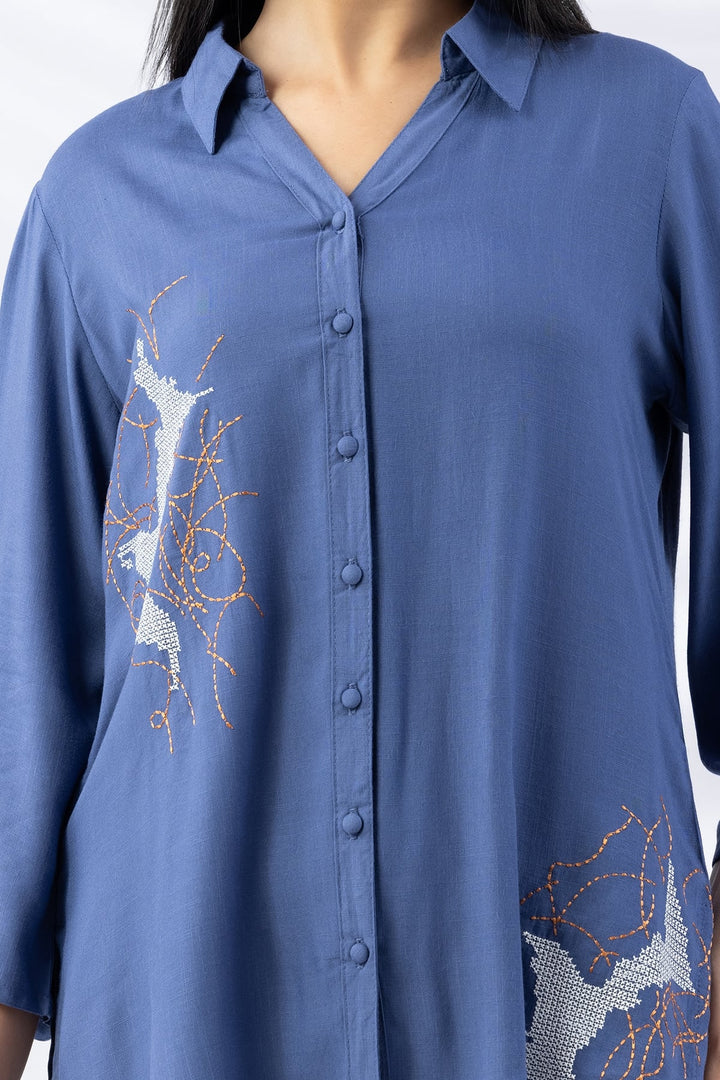 Blue Embroidered Viscose Slub Co-ord Shirt