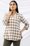 Beige Checked Brush Rayon Twill Winter Top with Collar & 3/4 Sleeves