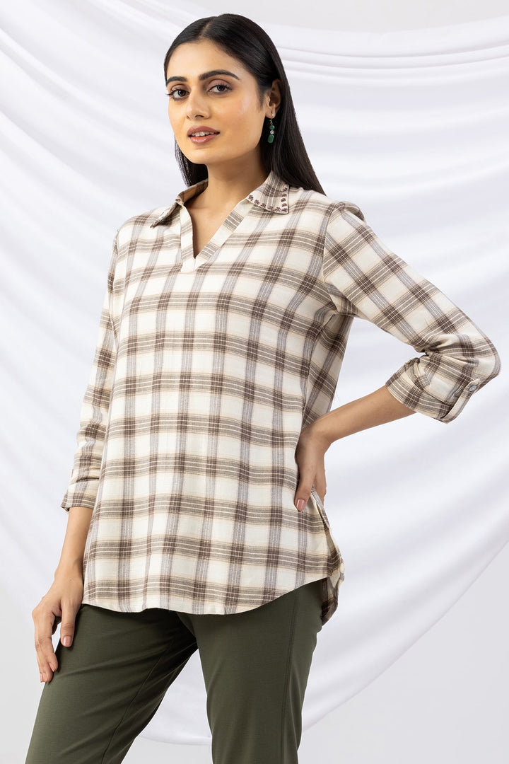 Beige Checked Brush Rayon Twill Winter Top with Collar &amp; 3/4 Sleeves