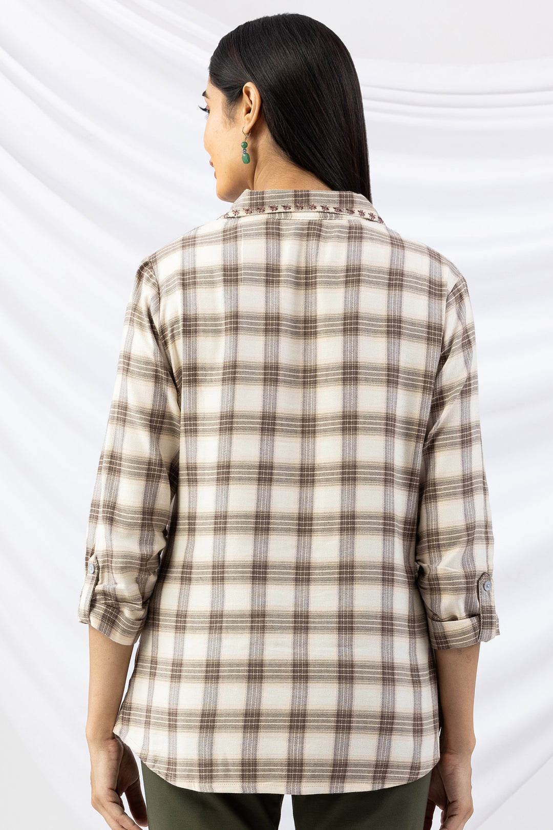 Beige Checked Brush Rayon Twill Winter Top with Collar &amp; 3/4 Sleeves