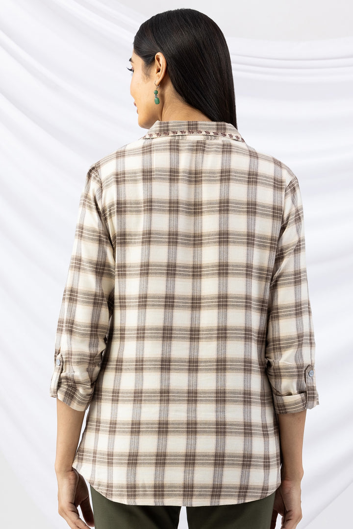 Beige Checked Brush Rayon Twill Winter Top with Collar &amp; 3/4 Sleeves