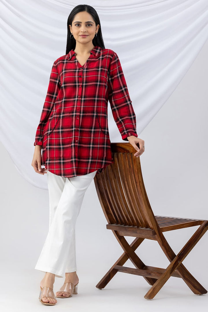 Red Checked Brush Rayon Twill Winter Long Shirt with Collar &amp; 3/4 Sleeves