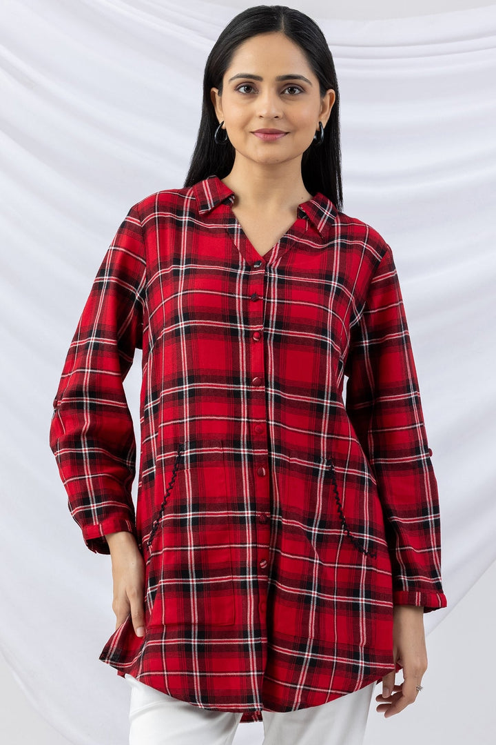 Red Checked Brush Rayon Twill Winter Long Shirt with Collar &amp; 3/4 Sleeves
