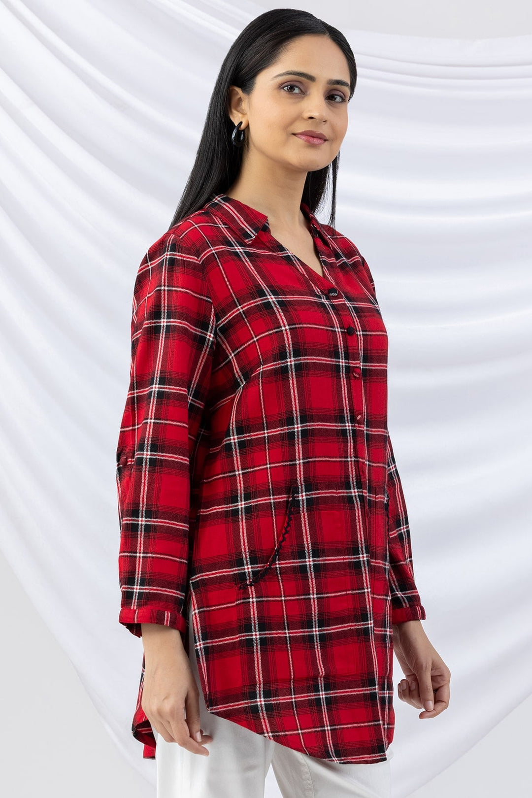 Red Checked Brush Rayon Twill Winter Long Shirt with Collar &amp; 3/4 Sleeves