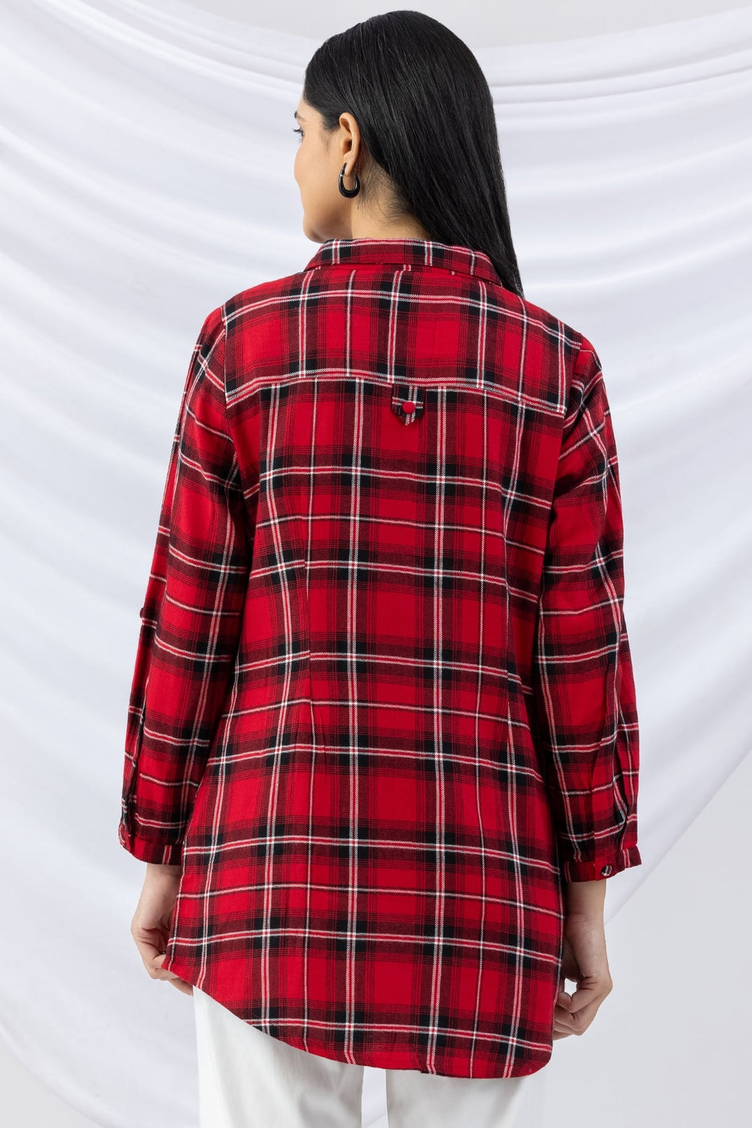 Red Checked Brush Rayon Twill Winter Long Shirt with Collar &amp; 3/4 Sleeves