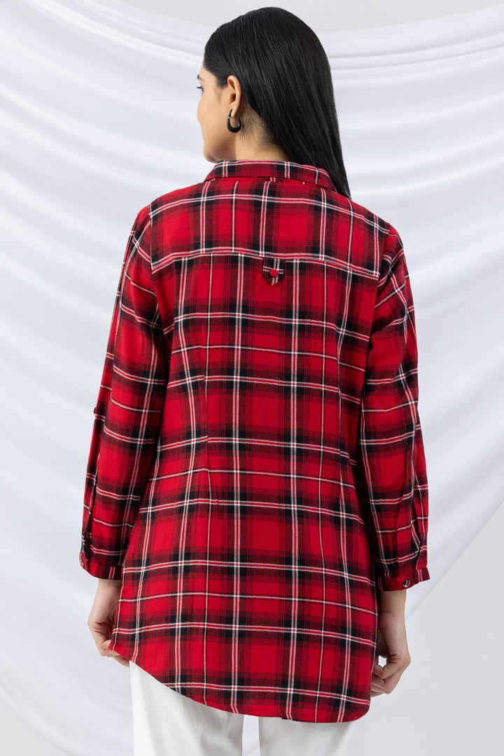 Red Checked Brush Rayon Twill Winter Long Shirt with Collar &amp; 3/4 Sleeves