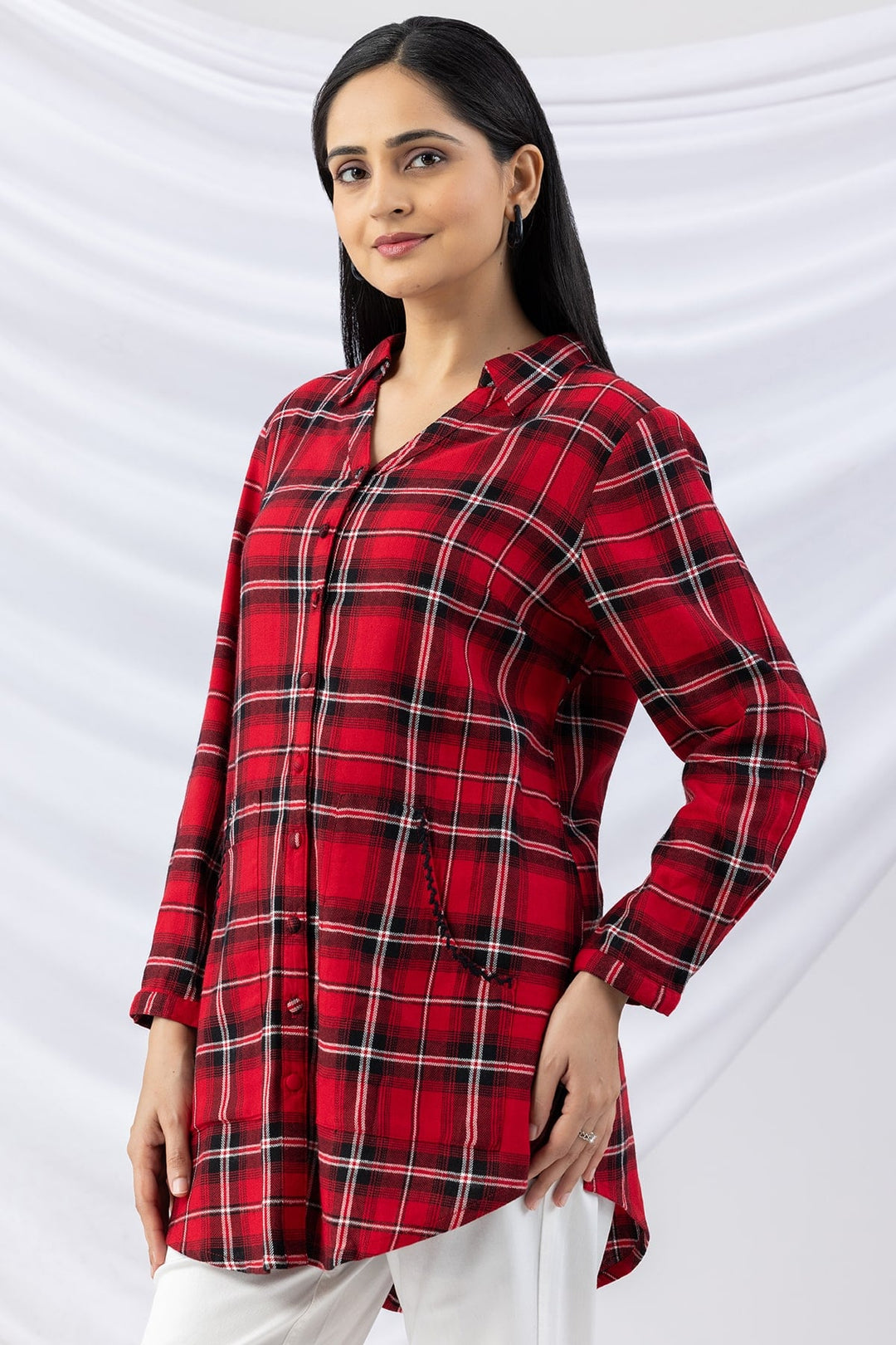 Red Checked Brush Rayon Twill Winter Long Shirt with Collar &amp; 3/4 Sleeves