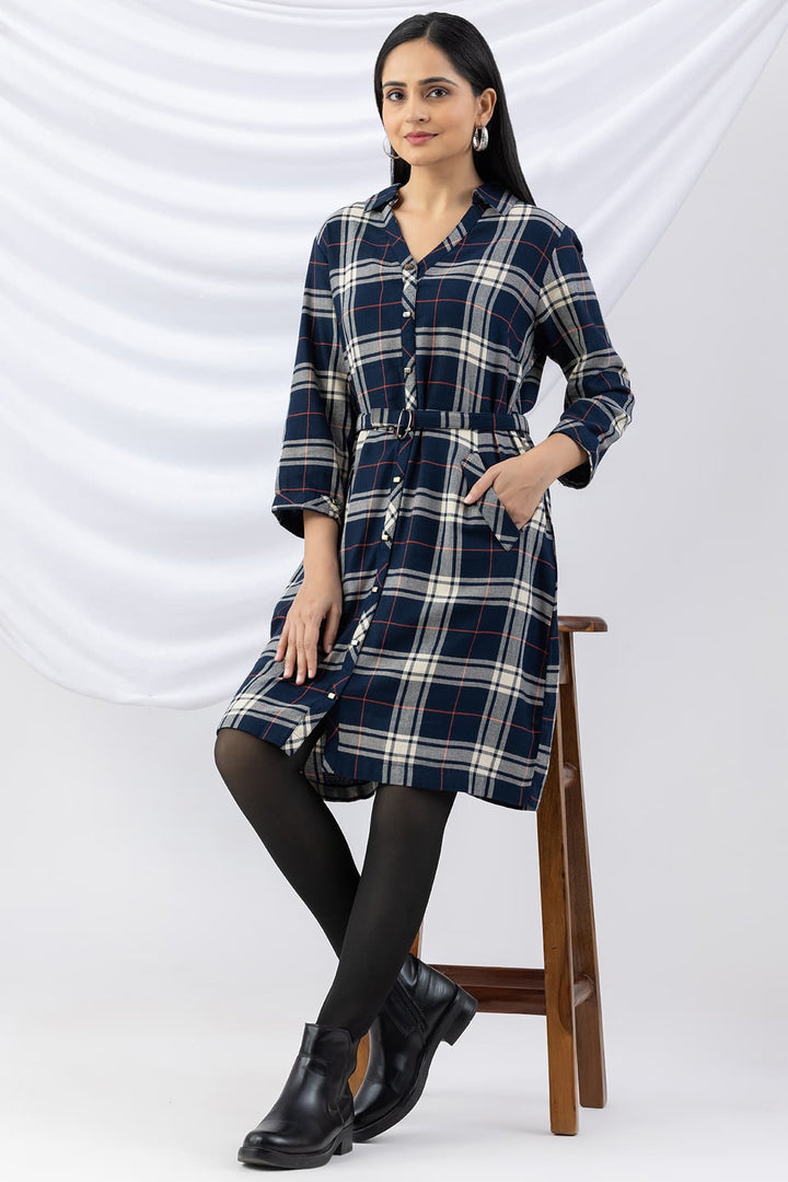 Navy Checked Brush Rayon Twill Tunic with Collar &amp; 3/4 Sleeves