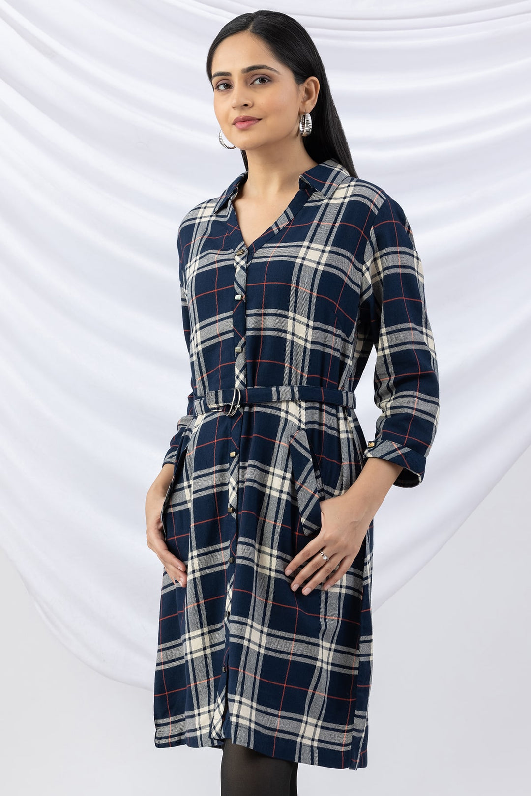 Navy Checked Brush Rayon Twill Tunic with Collar &amp; 3/4 Sleeves