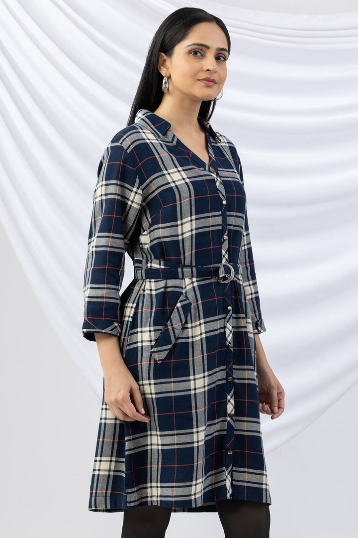 Navy Checked Brush Rayon Twill Tunic with Collar &amp; 3/4 Sleeves