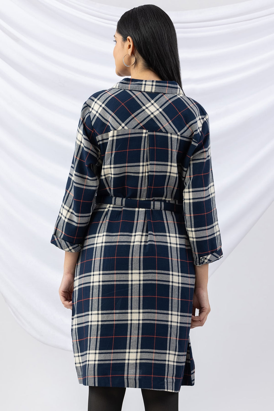 Navy Checked Brush Rayon Twill Tunic with Collar &amp; 3/4 Sleeves