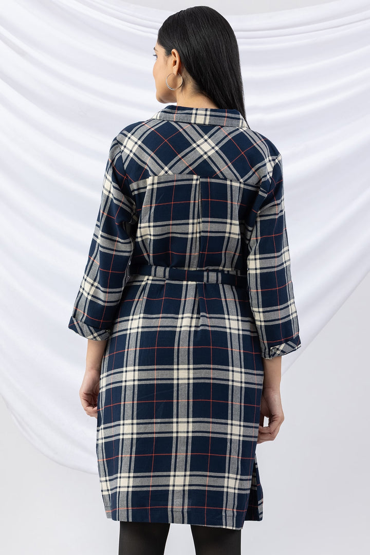 Navy Checked Brush Rayon Twill Tunic with Collar &amp; 3/4 Sleeves