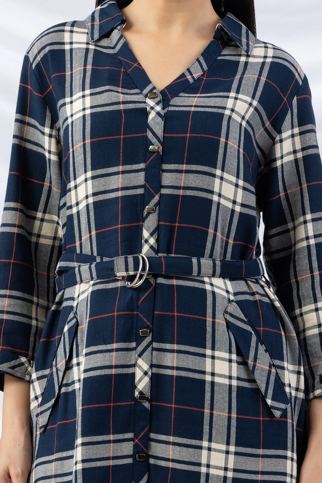 Navy Checked Brush Rayon Twill Tunic with Collar &amp; 3/4 Sleeves