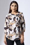 Grey Printed Dobby Stripe Top with String Tie Neck & 3/4 Sleeves