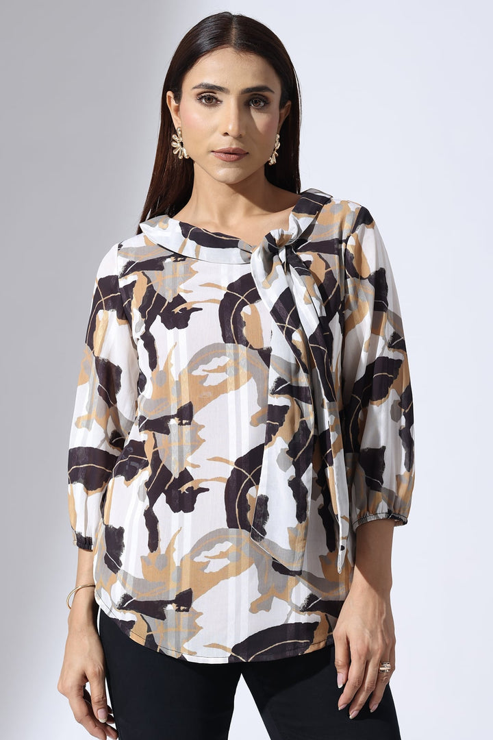 Grey Printed Dobby Stripe Top with String Tie Neck &amp; 3/4 Sleeves