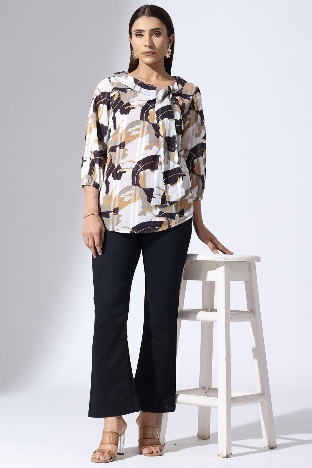 Grey Printed Dobby Stripe Top with String Tie Neck &amp; 3/4 Sleeves