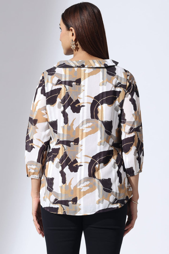 Grey Printed Dobby Stripe Top with String Tie Neck &amp; 3/4 Sleeves