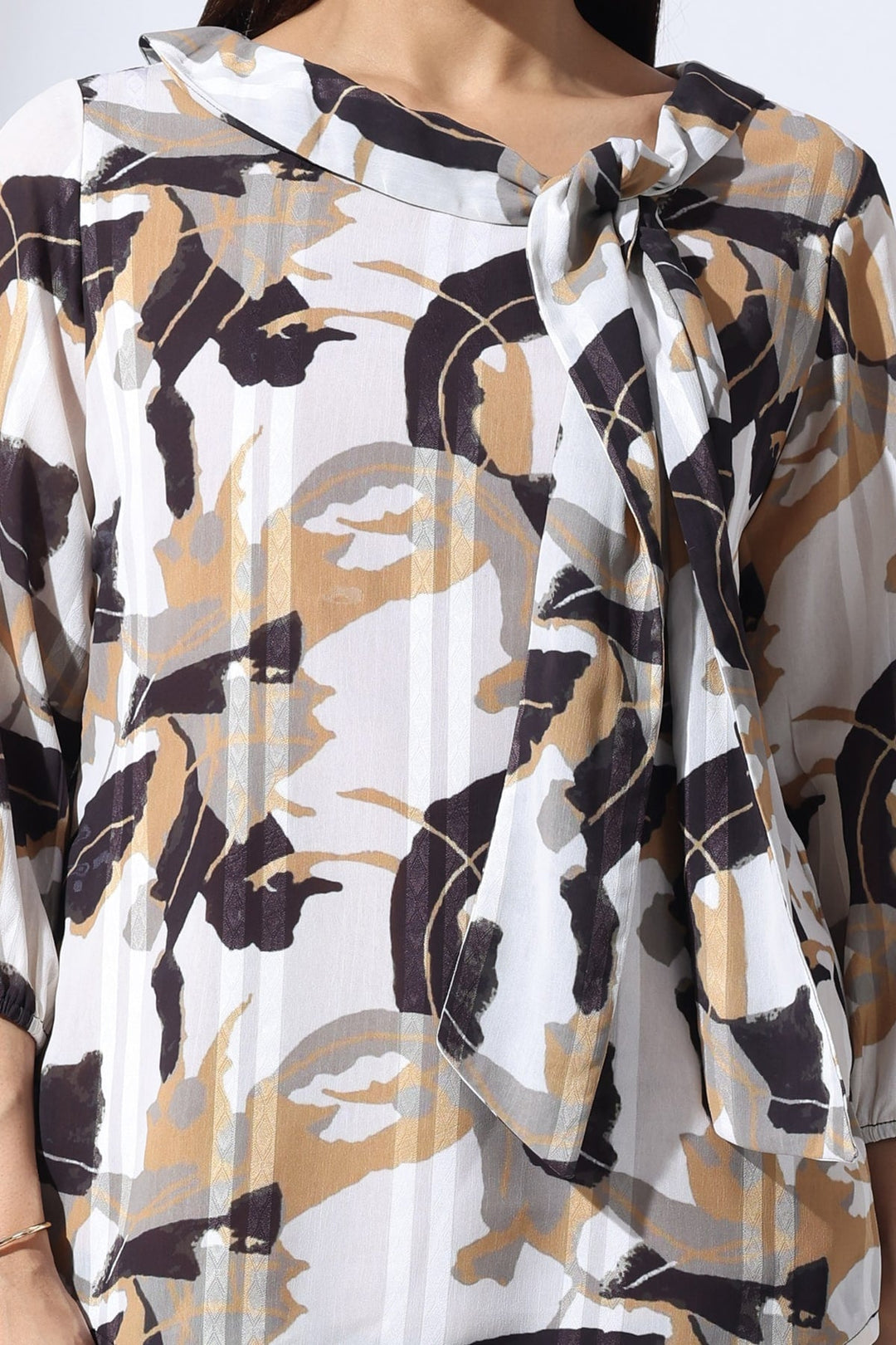 Grey Printed Dobby Stripe Top with String Tie Neck &amp; 3/4 Sleeves