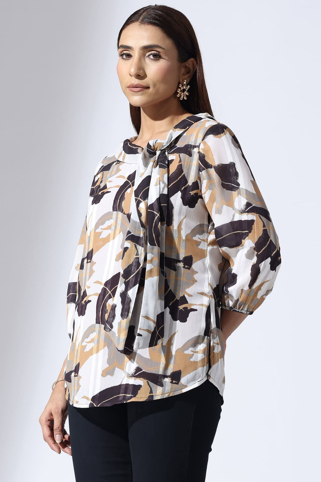 Grey Printed Dobby Stripe Top with String Tie Neck &amp; 3/4 Sleeves
