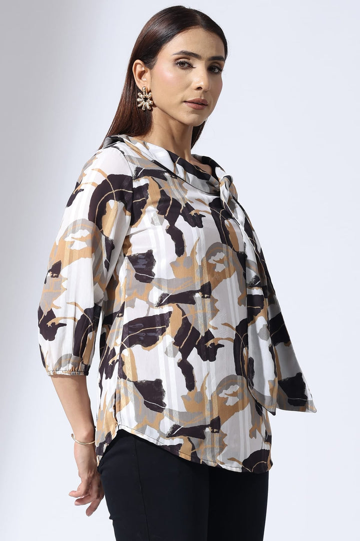 Grey Printed Dobby Stripe Top with String Tie Neck &amp; 3/4 Sleeves