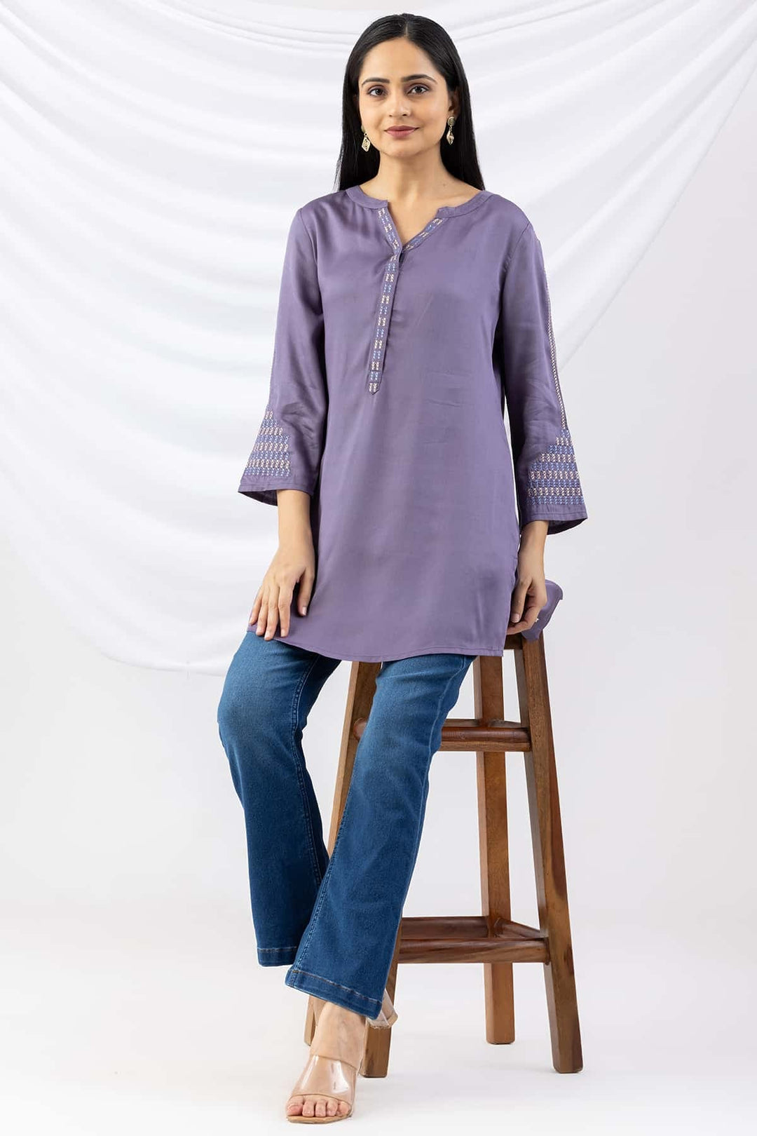 Mauve Modal Tunic with Round Neck &amp; 3/4 Sleeves